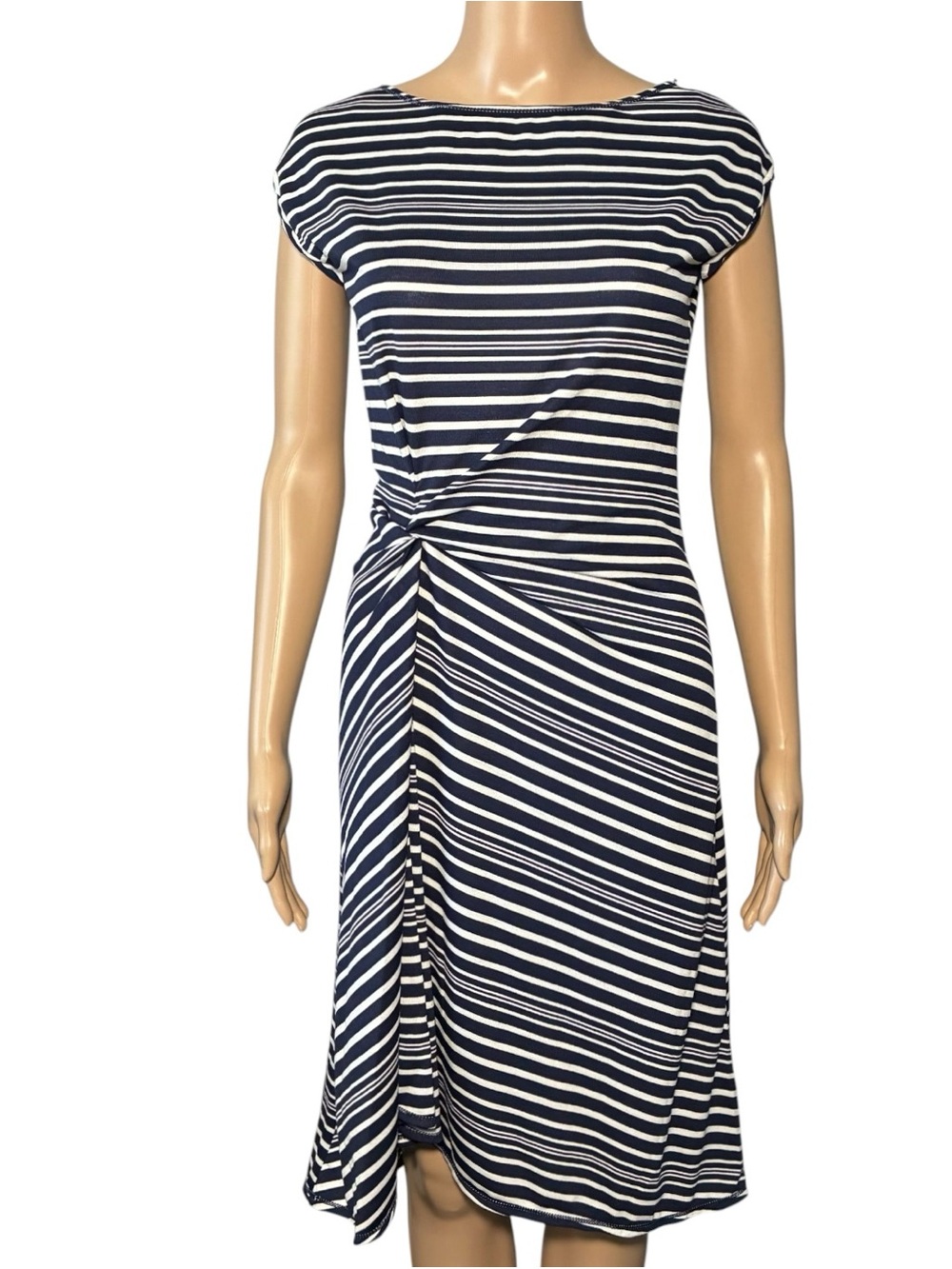 Max Studio Women's Dress XS Blue White Striped Midi Ruched Sheath Rayon Blend